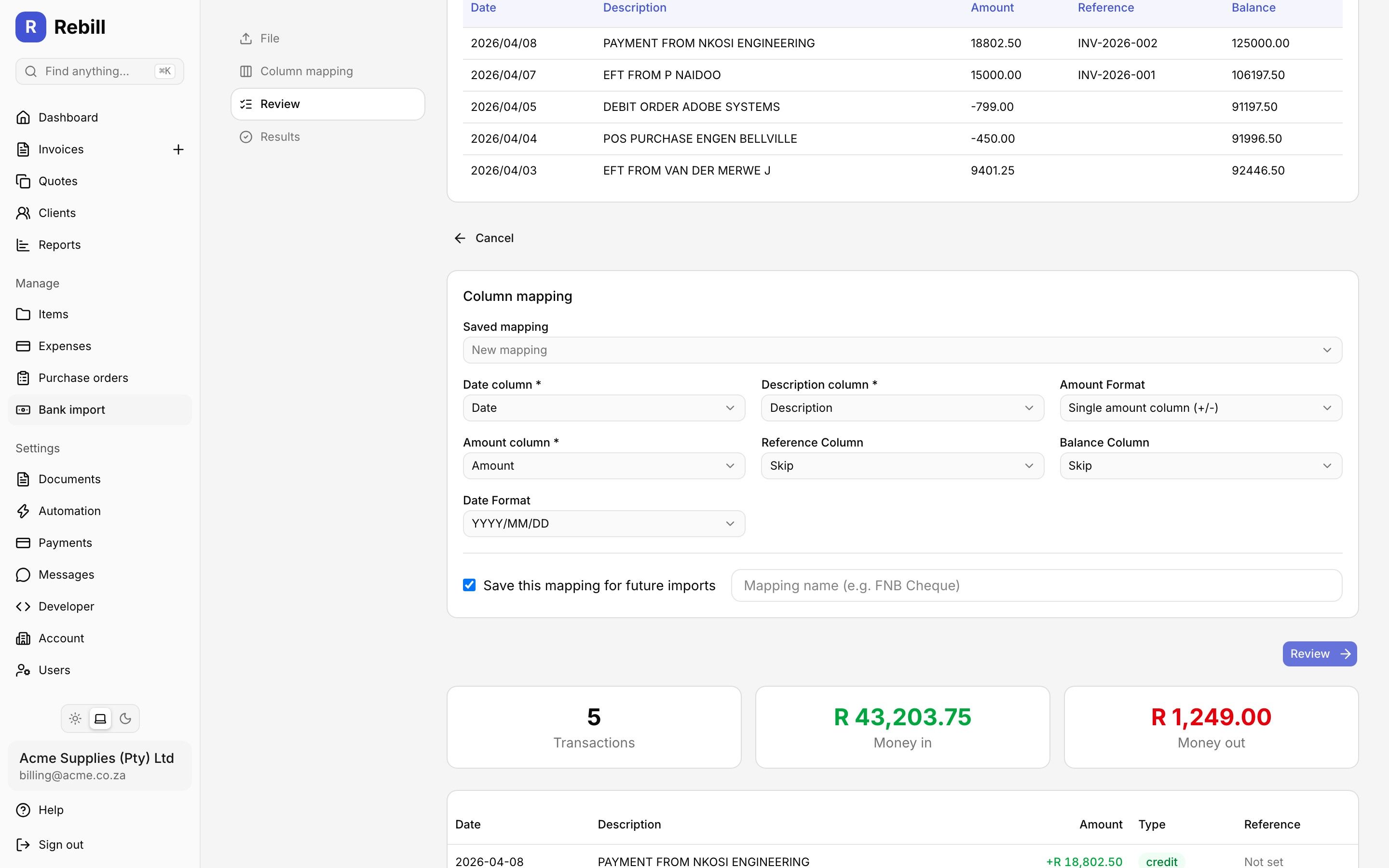 Rebill bank statement import review screen matching credit transactions to outstanding invoices