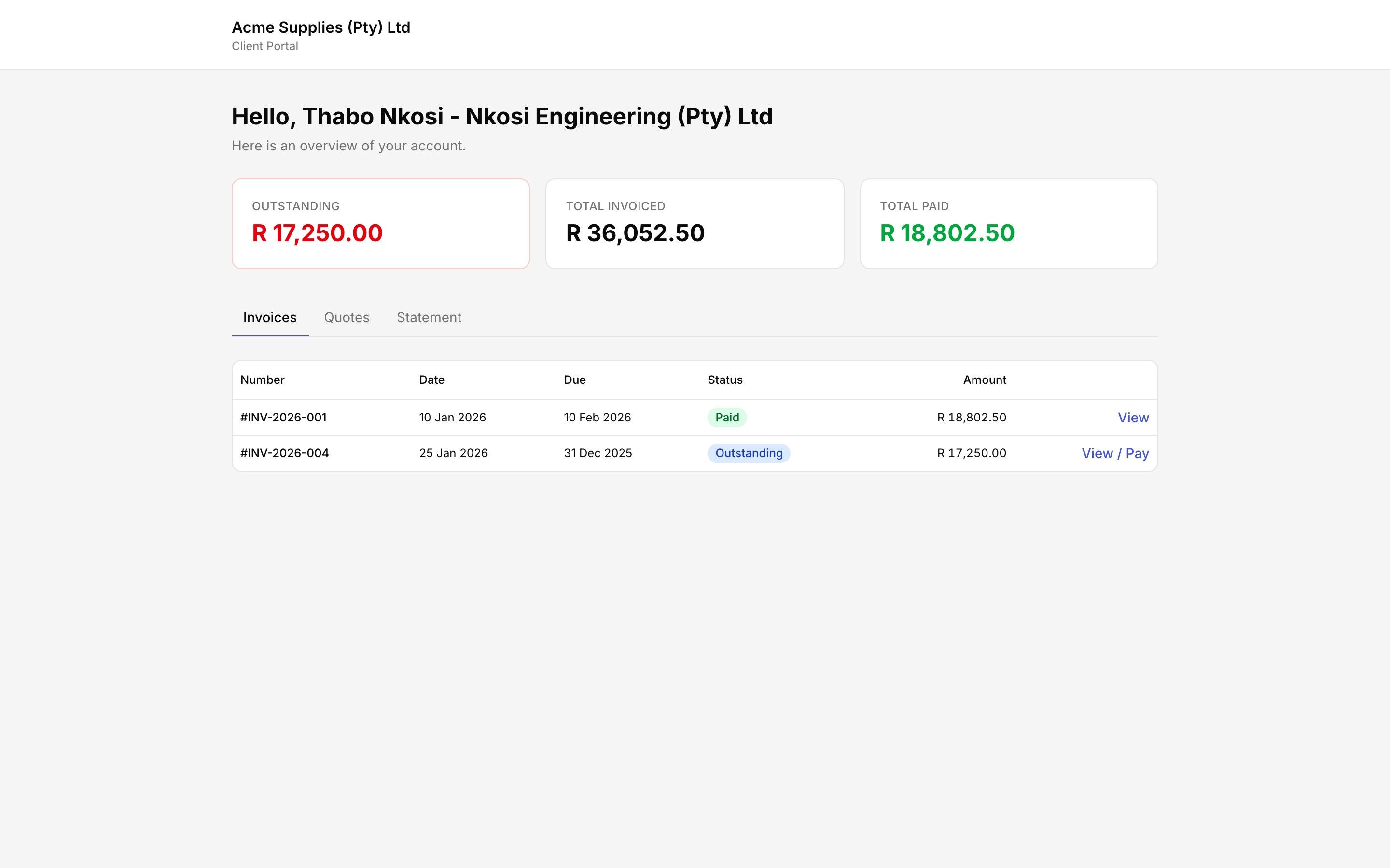 Rebill client portal showing a list of invoices with amounts, status and Pay Now buttons