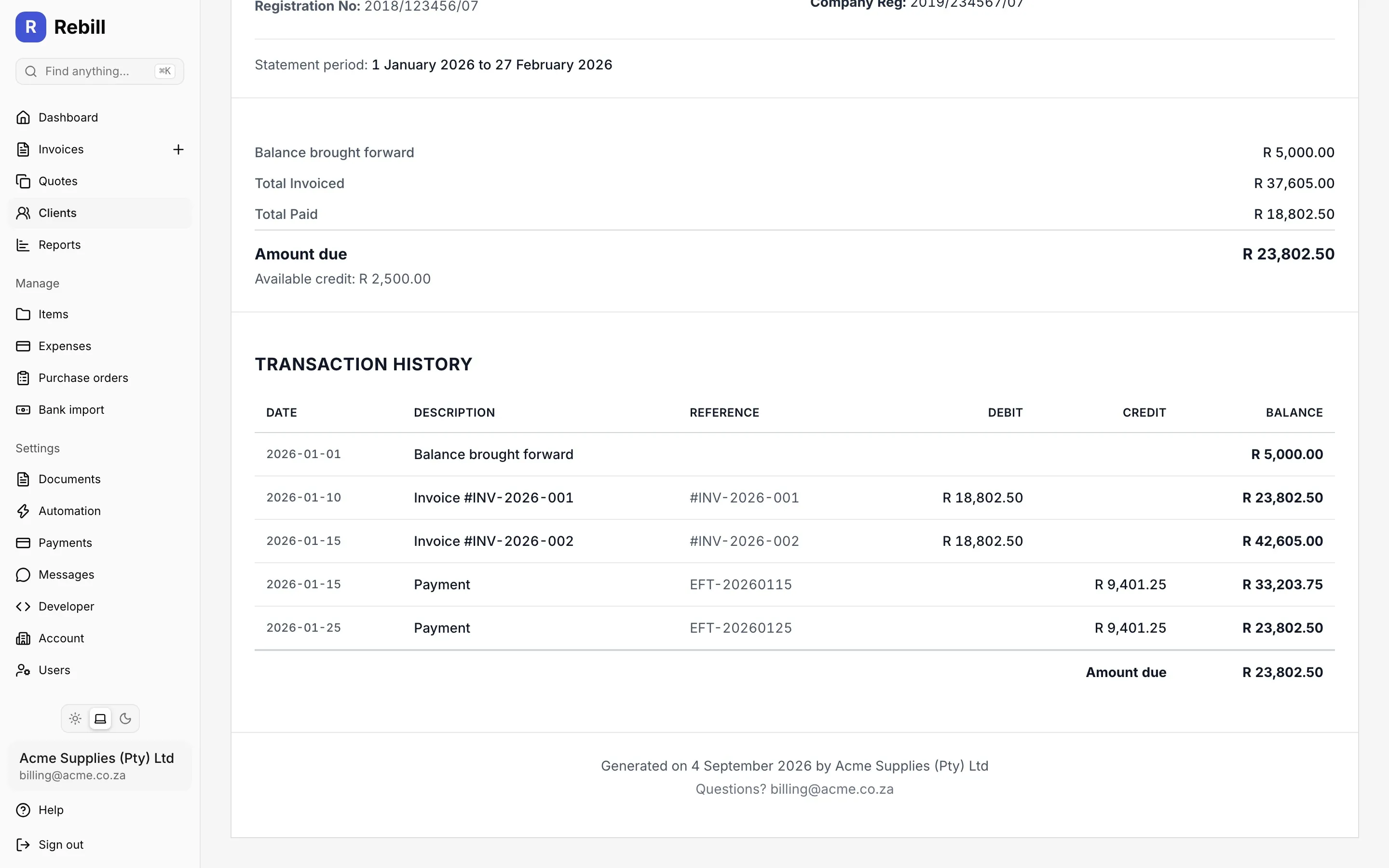 A client statement showing the balance brought forward, invoices and payments for the period, with a closing amount due.
