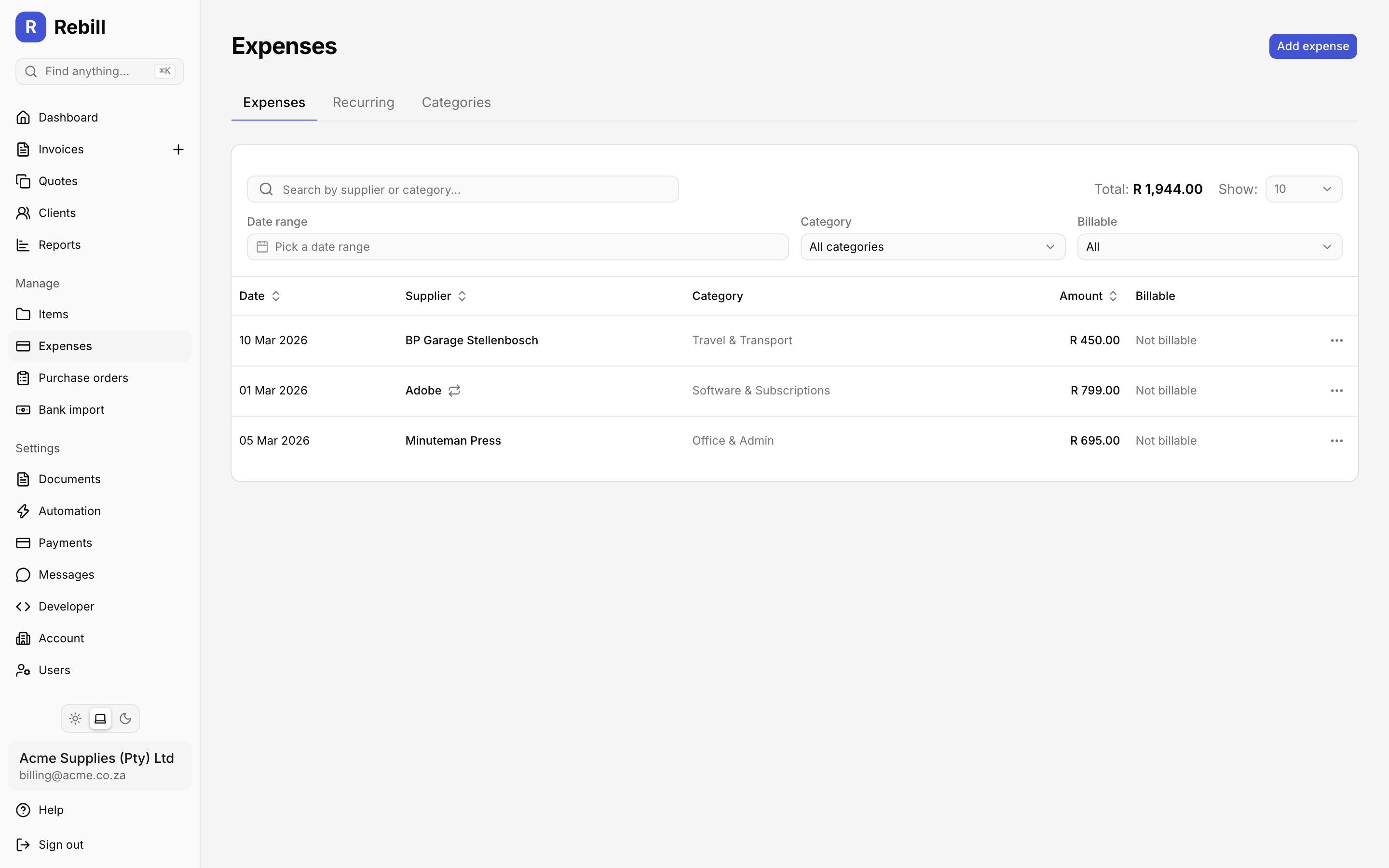 Rebill expenses list view showing categorised business expenses with supplier, date and VAT totals