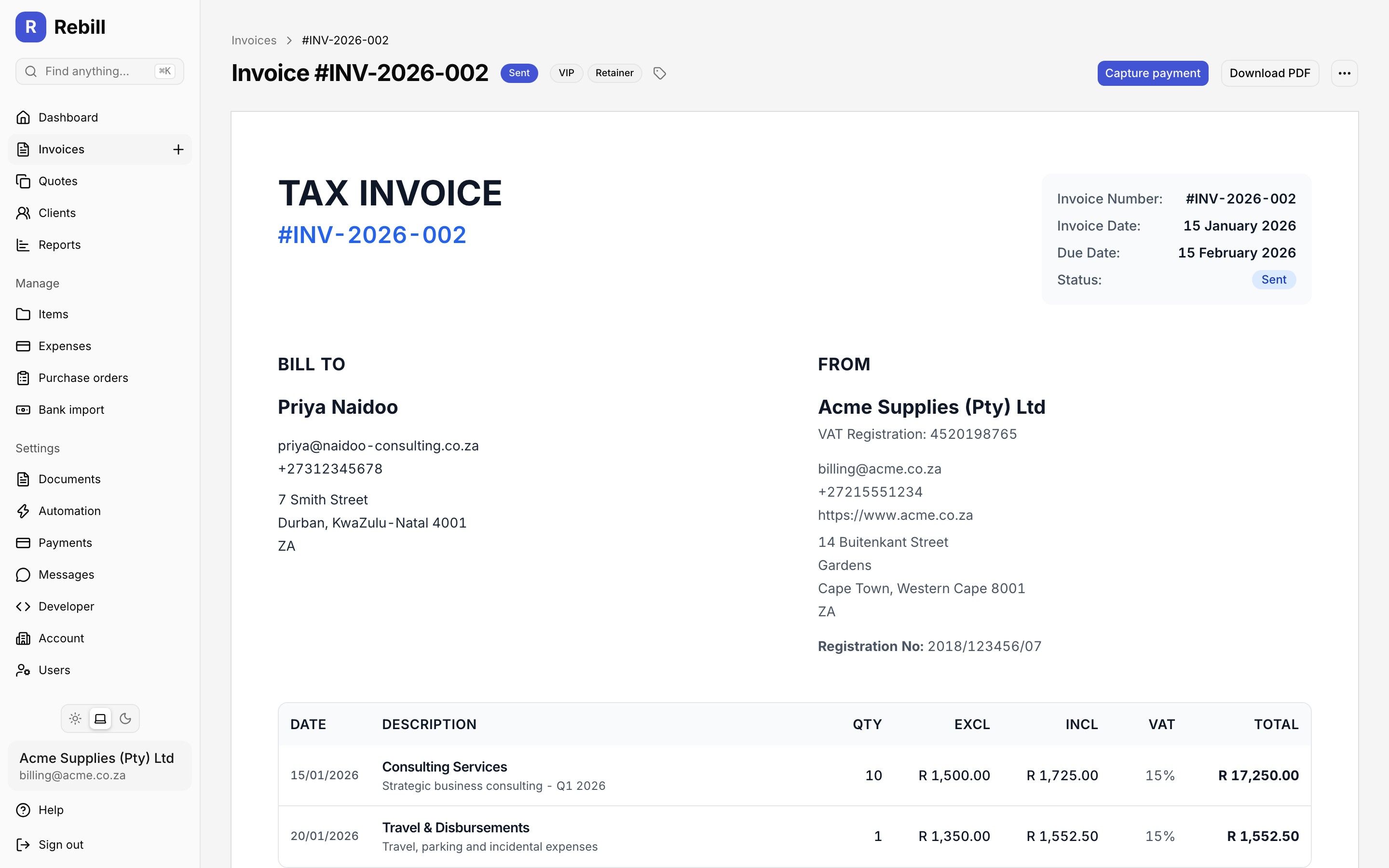 Rebill SARS-compliant tax invoice detail screen showing line items, VAT breakdown and sent status