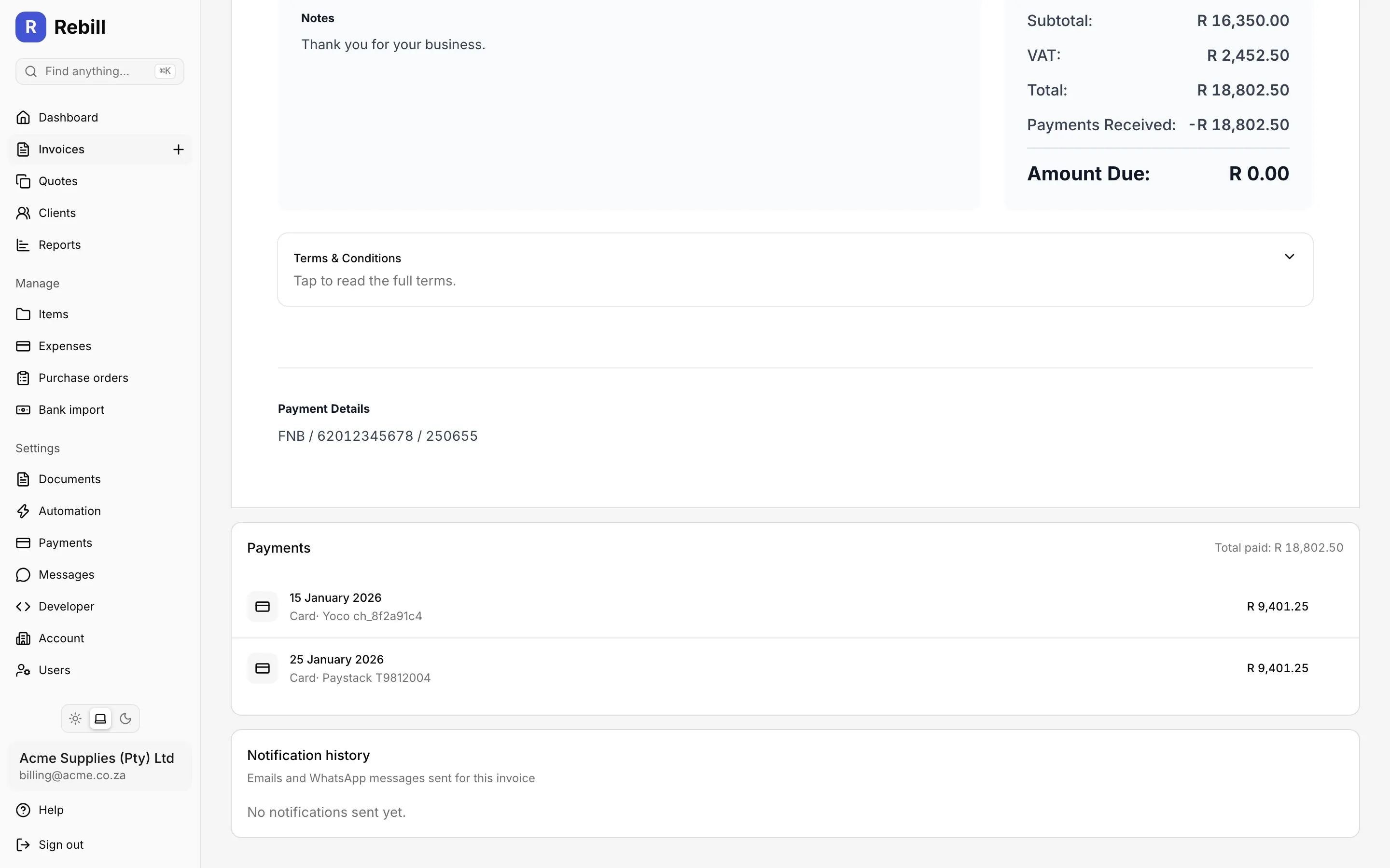 The payments section of an invoice in Rebill showing a card payment matched to the invoice and a zero balance