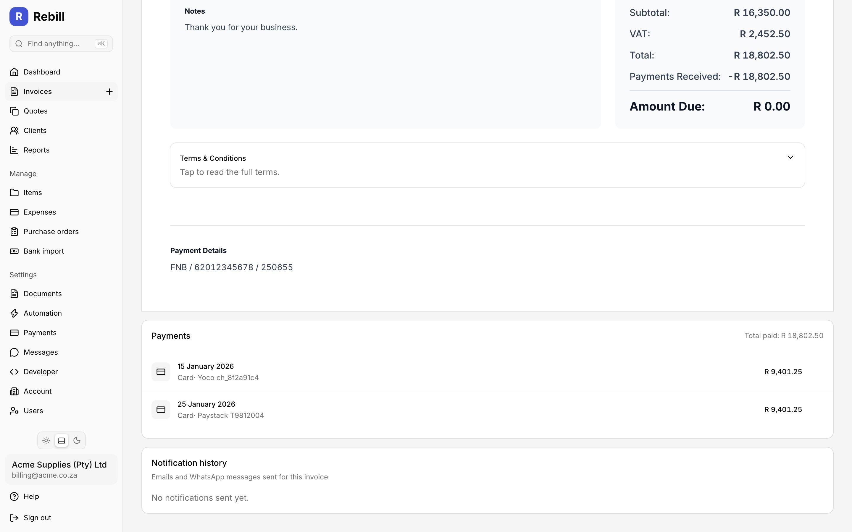 Rebill invoice payments section showing recorded card and EFT payments against an invoice