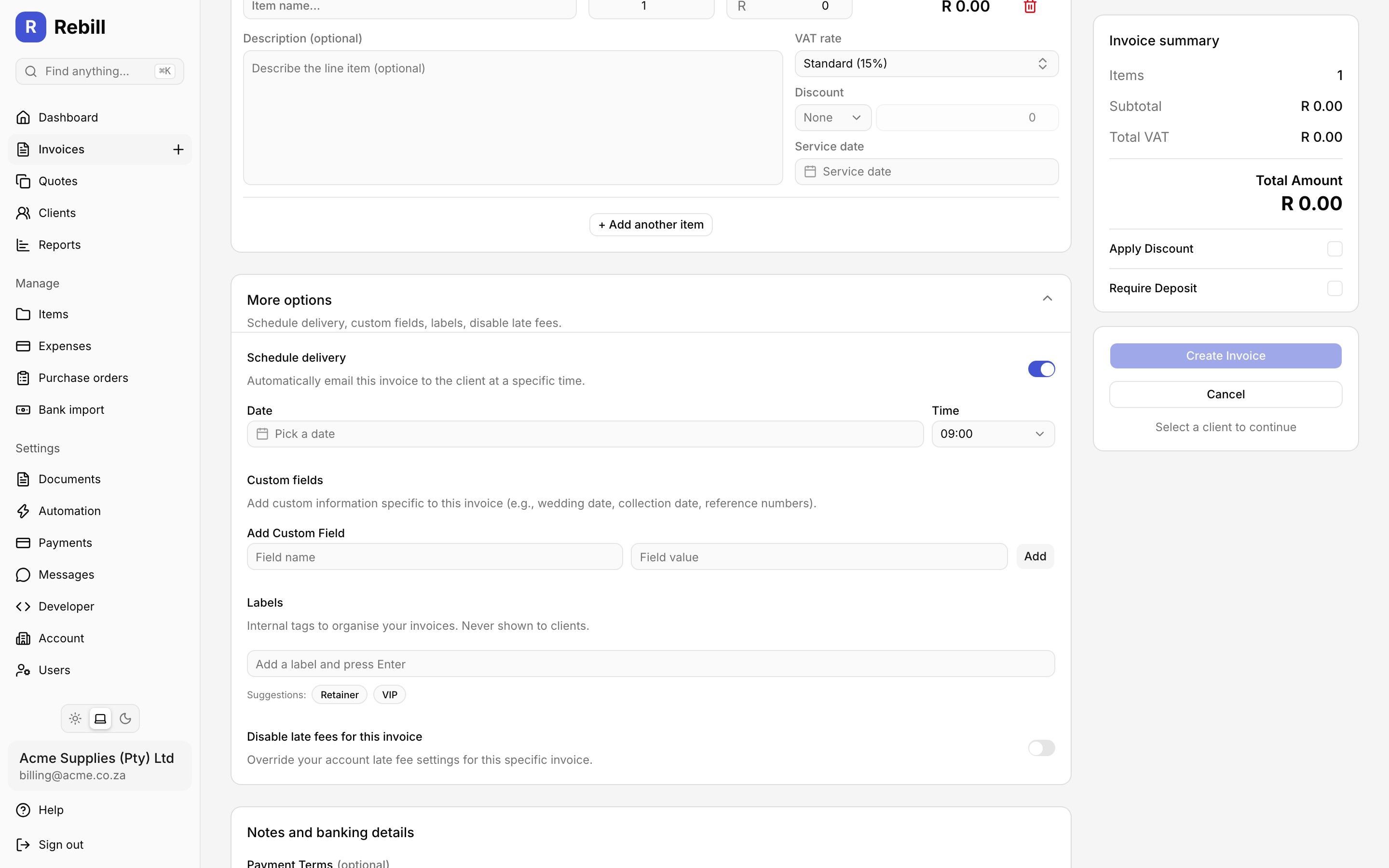 Rebill invoice scheduling form with a future send date enabled for a drafted invoice
