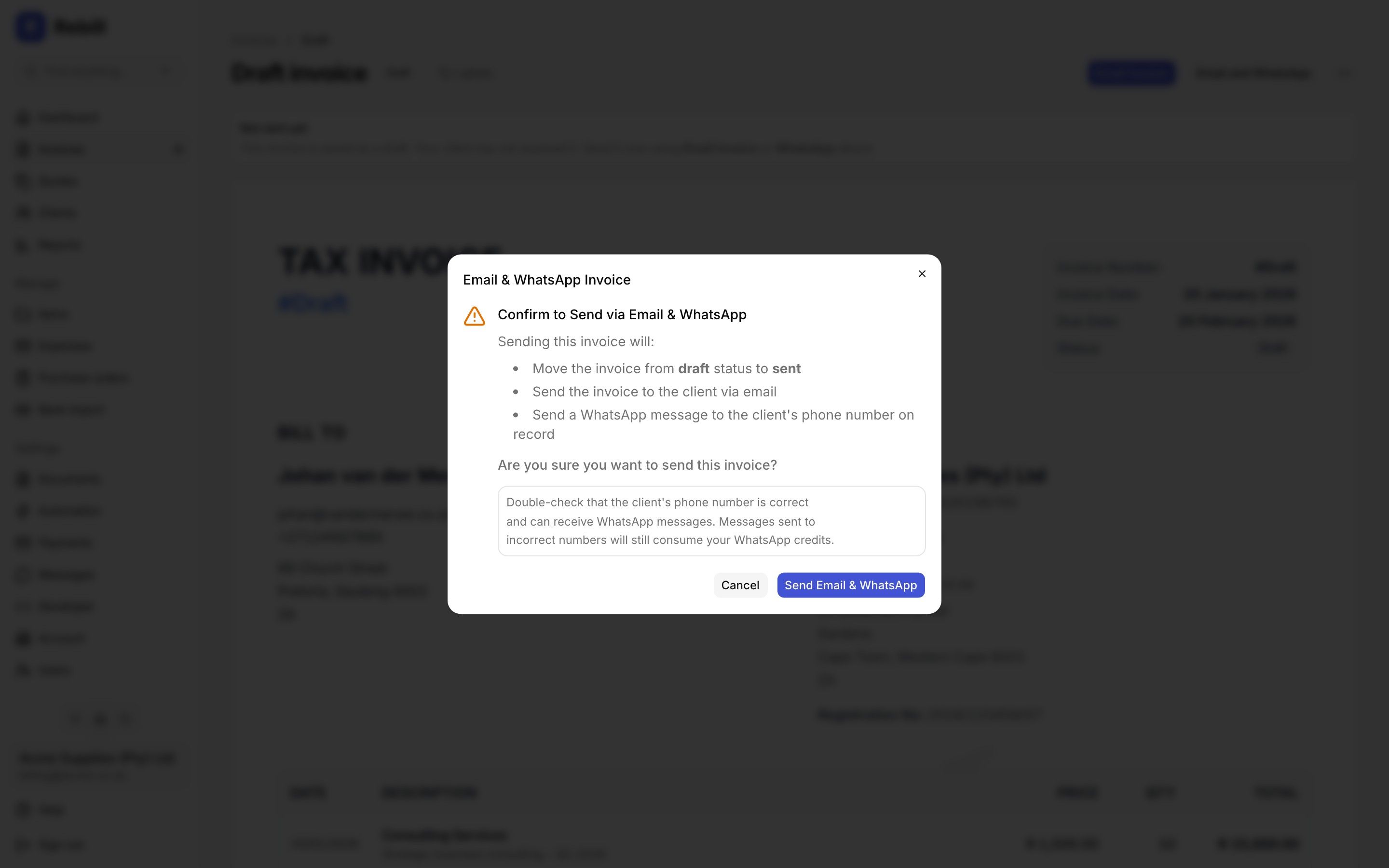 Rebill send invoice via WhatsApp modal showing the client phone number, preview message and pay link