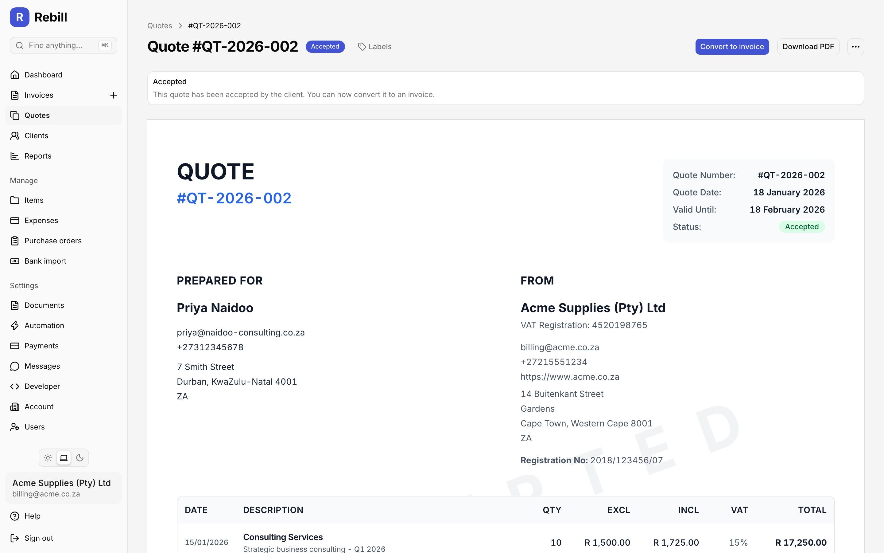 Rebill quote detail view showing line items, total, accepted status and convert to invoice action