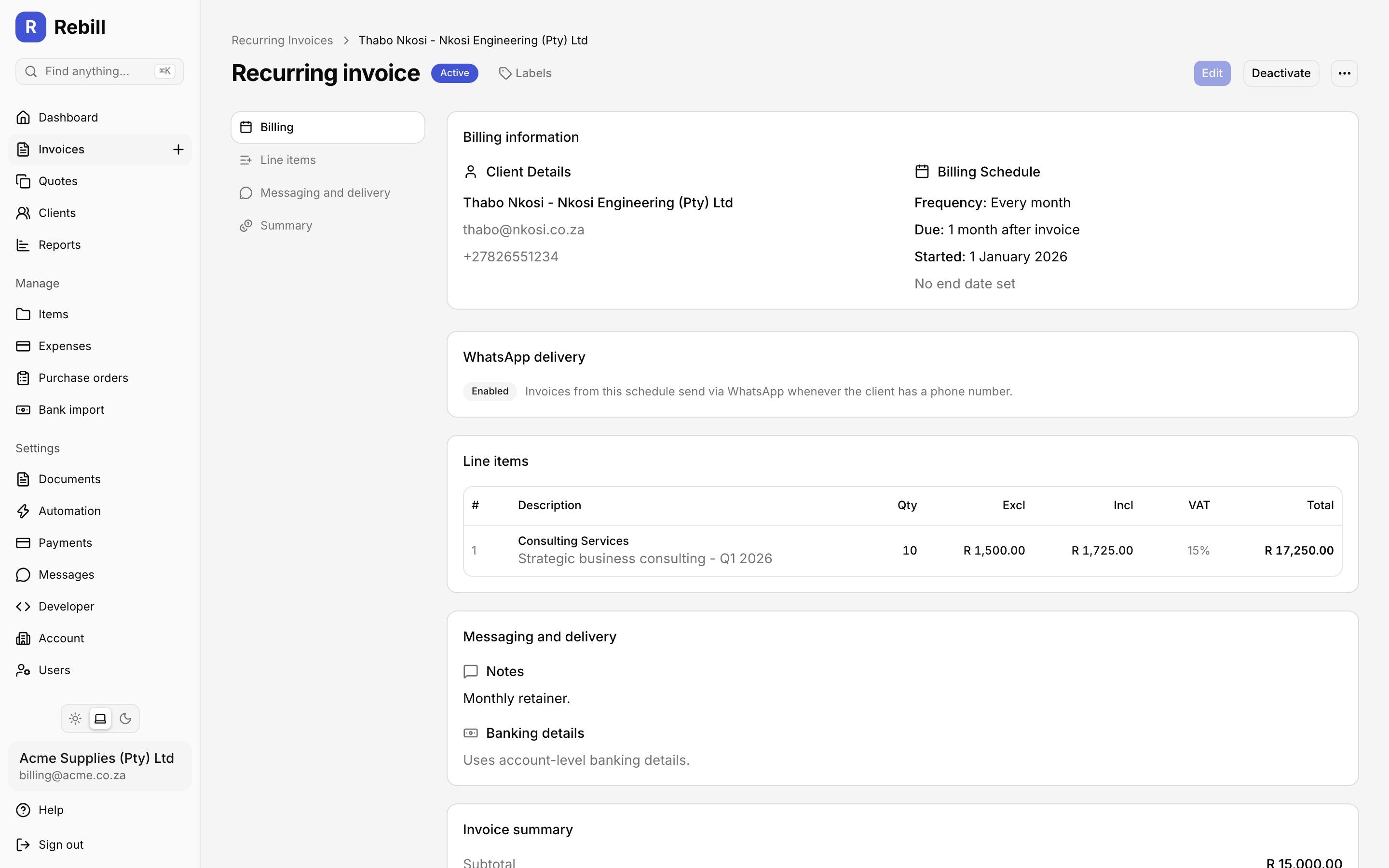Rebill recurring billing schedule detail showing monthly cadence, client, line items and next invoice date