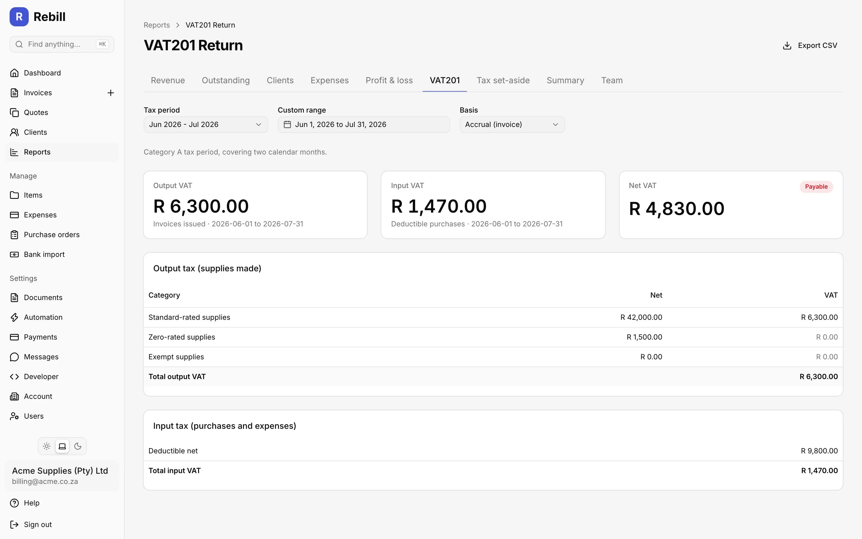 The VAT201 report showing output VAT, input VAT and the net amount payable for the period.