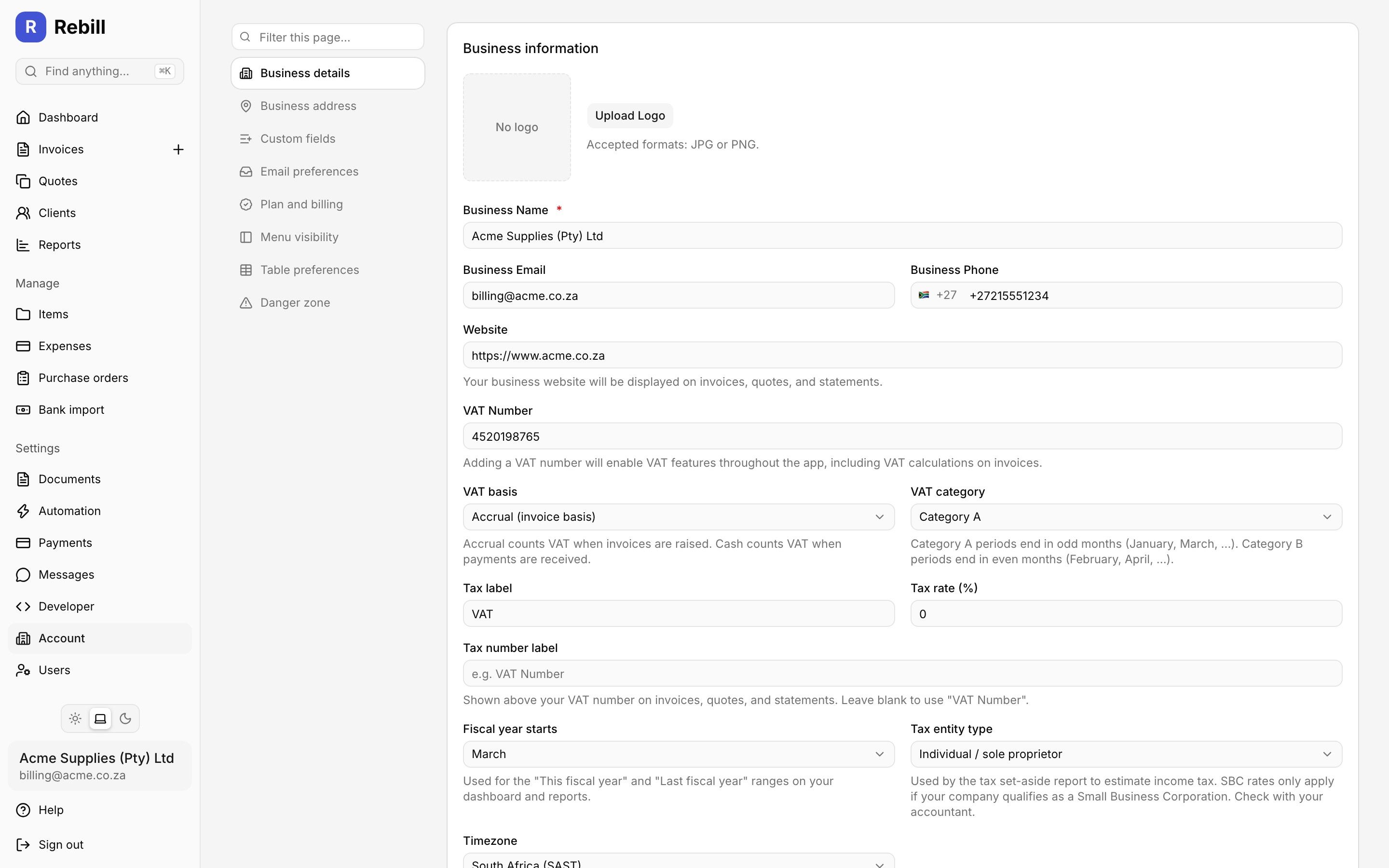 Rebill business settings tab showing company registration details, VAT number and POPIA-aligned data handling