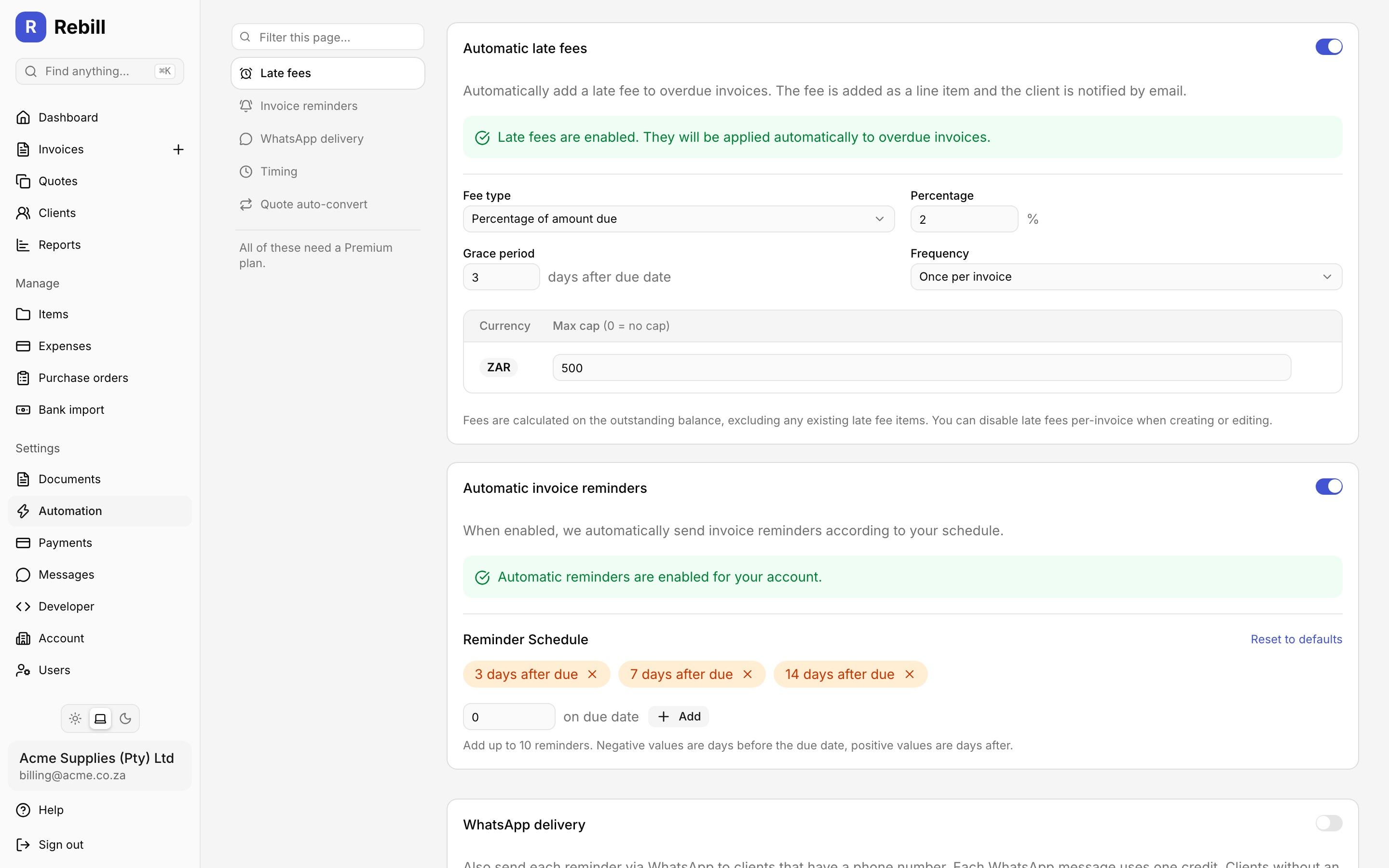 Rebill late fee settings screen showing fee type, amount and grace period configuration
